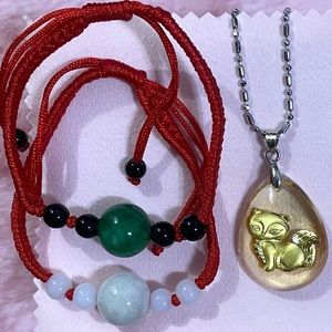 Gorgeous 24K Gold Foil Zodiac Fox Charm Pendant Necklace Jade Bracelet